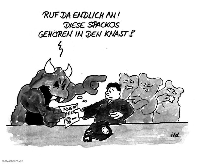 Cartoon: Ruf da endlich an: Wut, Brutzo, Angst, Hilfe, Ärger, Ausbruch, Hilfetelefon, Knast, Gefängnis, Spackos, Ängstlichkeit, Widerstand