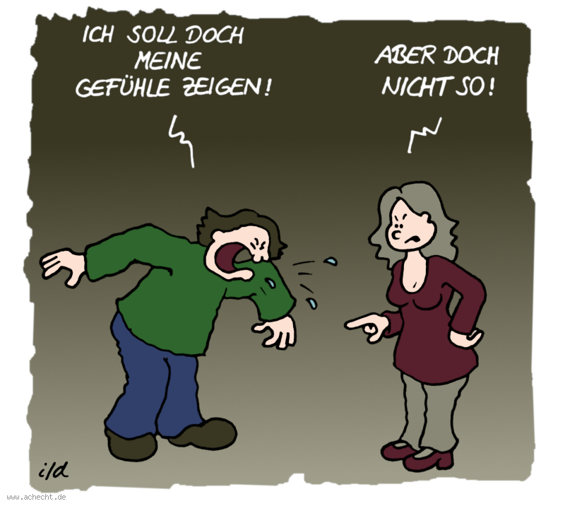 Cartoon: Gefühle zeigen: emotionen, Wut, Gefühl, Ablehnung, Ärger, Frust, Beziehung, Psychologie, Therapie, rauslassen, loslassen, Missverständnis