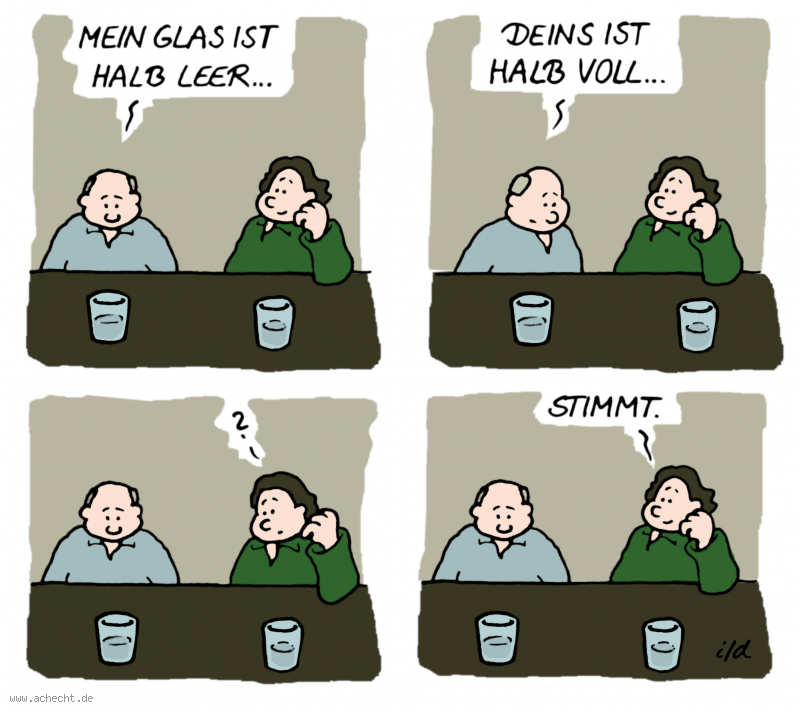 Cartoon: Glas halb leer: Wahrheit, Ansichtssache, Bewusstsein, Bewusstheit, Achtsamkeit, Blickwinkel, Aufmerksamkeit, Wahrnehmung, Störung, Sarkasmus, Wahrheiten, Fülle, Leere