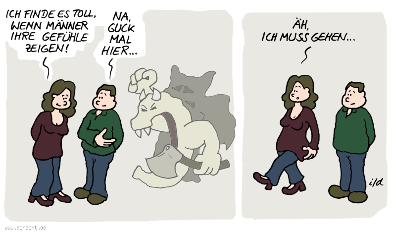Cartoon: Wenn Männer Gefühle zeigen: Angst, Wut, Mann, Frau, Beziehung, Gefühl, Emotionen, zeigen, Selbstreflexion, Wahrnehmung, Akzeptanz, aushalten, akzeptieren, gehen, kneifen, Monster, Psychologie