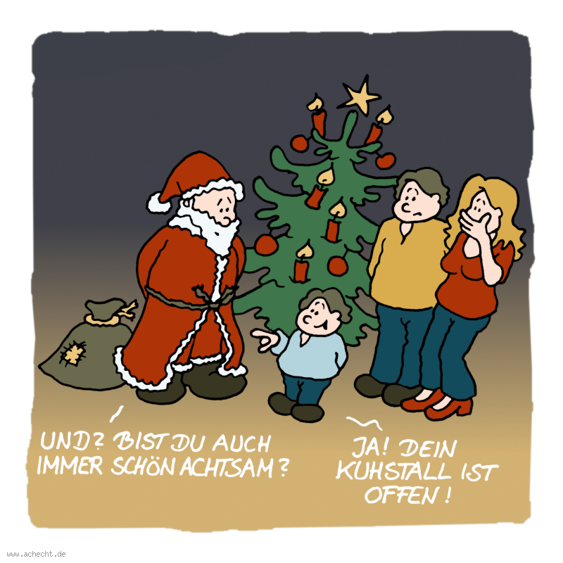 Cartoon: Immer schön achtsam: achtsam, Achtsamkeit, Weihnachten, Weihnachtsmann, Bescherung, Kuhstall, Wahrnehmung, Spitzfindigkeit, clever, Beobachtung, Frage, Religion, Kind, Familie