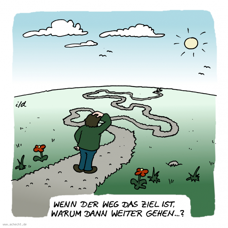 Cartoon: Warum weiter gehen: Achtsamkeit, Spiritualität, Weg, Ziel, Sinn, Sinnlosigkeit, gehen, Auswahl, Planung