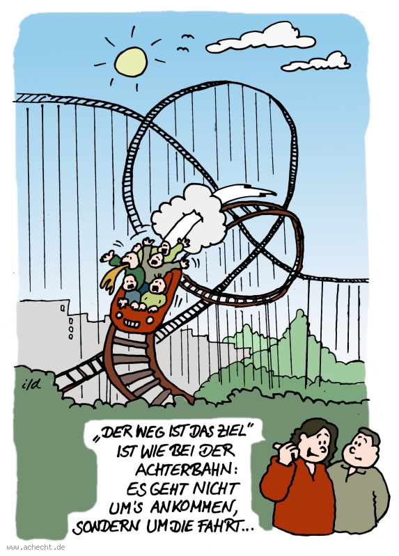 Cartoon: Achterbahn: Rummel, Achterbahn, Psychologie, Achtsamkeit, Leben, Weg, Ziel, Sinn, Suche, fahren, Weisheit, Jahrmarkt