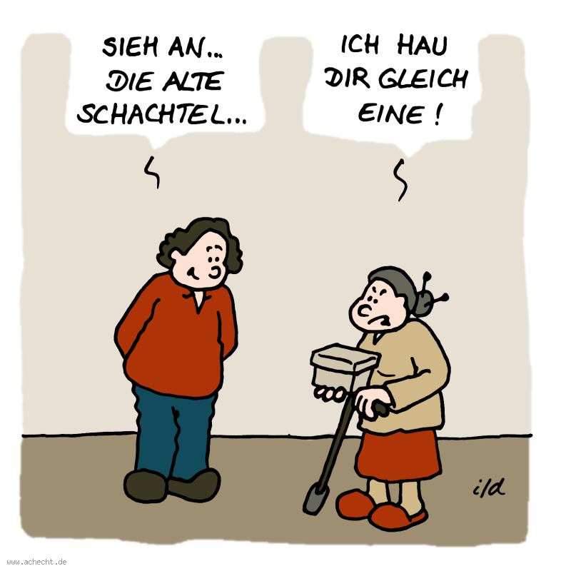 Cartoon: Die Alte Schachtel: alte, Schachtel, Alter, Vorurteil, Missverständnis, Abwertung, Verurteilung, Wahrnehmung, denken, hauen, schlagen, Ärger, Wut