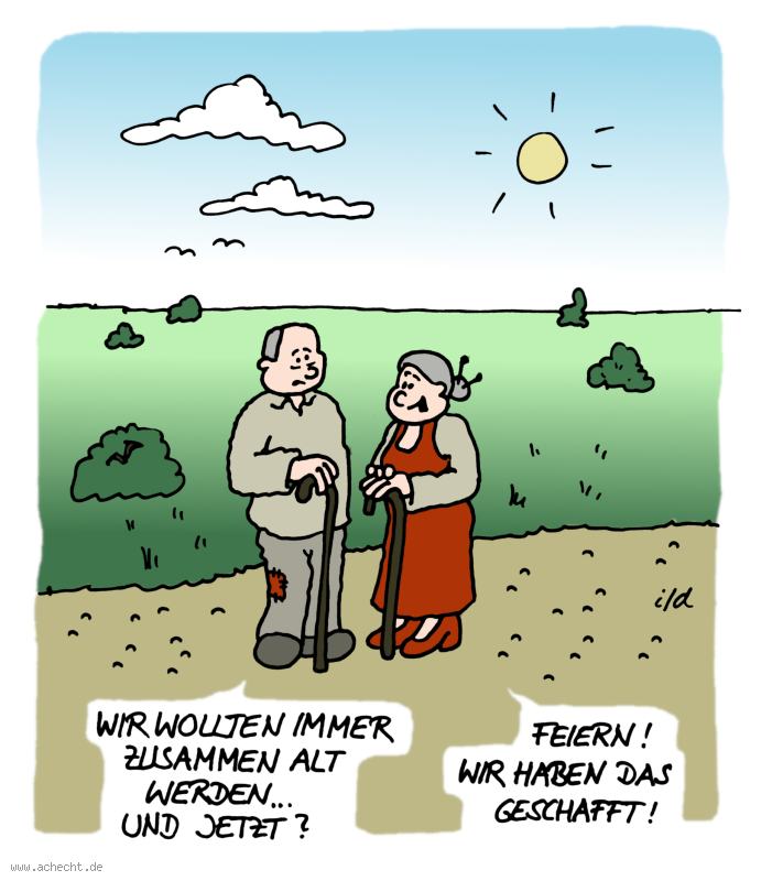 Cartoon: Feiern: Alter, Alte, Oma, Opa, Leben, positives Denken, positiv, denken, zusammen, Paar, Mann, Frau, Beziehung, Senioren, feiern, Feier, schaffen, Psychologie