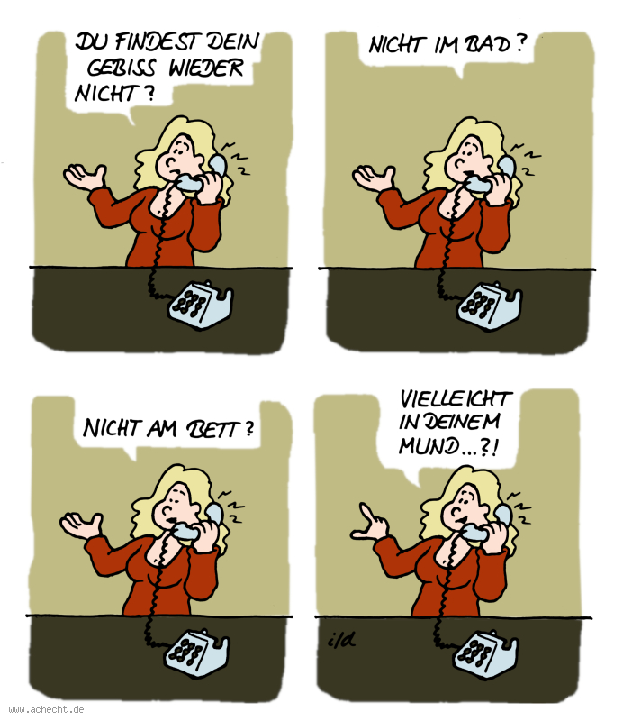 Cartoon: Gebiss weg: Gebiss, Alter, Missverständnis, Suche, Eltern, Altwerden, Großeltern, Zähne