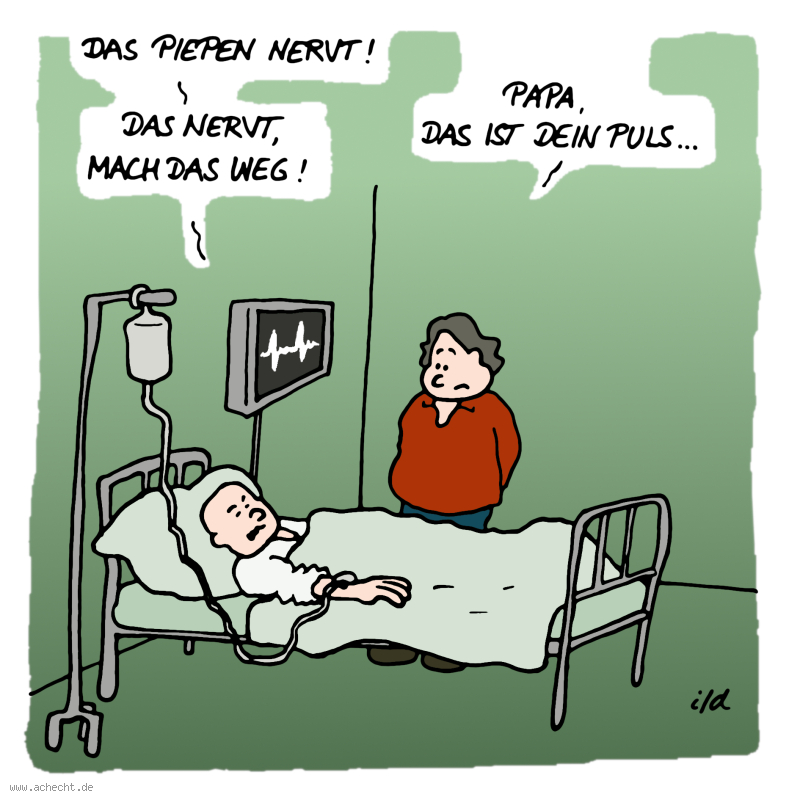Cartoon: Mach das weg: Alter, Krankenhaus, Medizin, Geräte, sterben, Tod, Leben, Lebenswillen, Senioren, Puls, Blutdruck, Kind, Eltern, Opa, Familie, nerven, stören, piepen