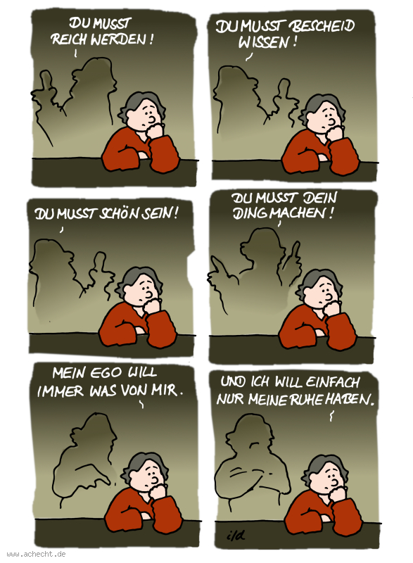 Cartoon: Mein Ego will was von mir: Ego, Therapie, Selbsterkenntnis, Erkenntnis, Psychologie, Angst, Wollen, Willen, Gedanken, Wissen, Ruhe, selbst, Ansprüche, Anspruch, Selbstgeißelung, Selbstreflexion, Reflexion