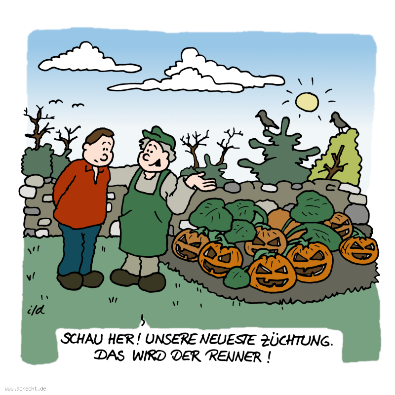 Cartoon: Neue Züchtung: Züchtung, Kürbis, Halloween, Religion, Geist, Gespenst, Biologie, züchten, Garten, Natur, Geschäft, Business, Wirtschaft, Pflanze