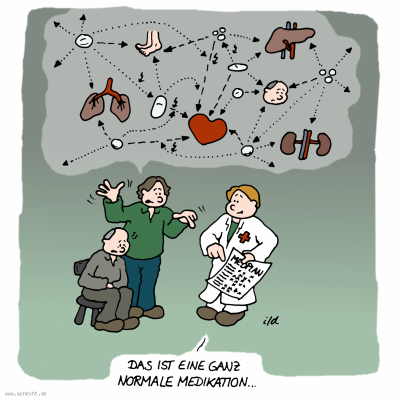 Cartoon: Normale Medikation: normal, Medizin, Medikation, Arzt, Senioren, Pille, Medikmente, Alter, Alte, Rentner, Rezept, verschreiben