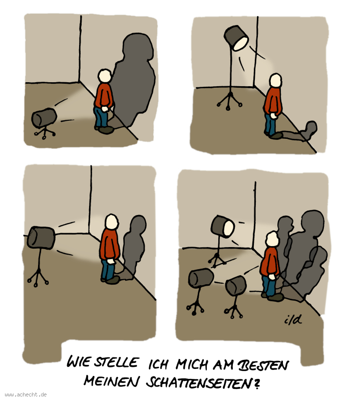 Cartoon: Schattenseiten stellen: Schattenseiten, Schatten, Spiegel, Achtsamkeit, Therapie, Psychologie, stellen, Aufstellung, Selbstreflexion, Reflexion, Wahrnehmung, Erkenntnis, Fokus, Perspektive, Blickwinkel