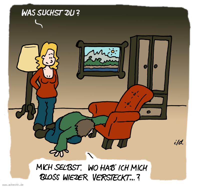 Cartoon: Selbst versteckt: Psychologie, Achtsamkeit, Selbst, Suche, Selbsterkenntnis, Selbstreflexion, Reflexion, Versteck, Therapie