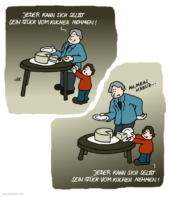 Cartoon: Stück vom Kuchen: Sprichwort, Kuchen, Kind, Erwachsene, Hierarchie, Liberalismus, Stück, Verteilung, Umverteilung, Psychologie, sozial, Selbtswirksamkeit, selbst, Entgegenkommen, Teilhabe, Gleichstellung, Gerechtigkeit