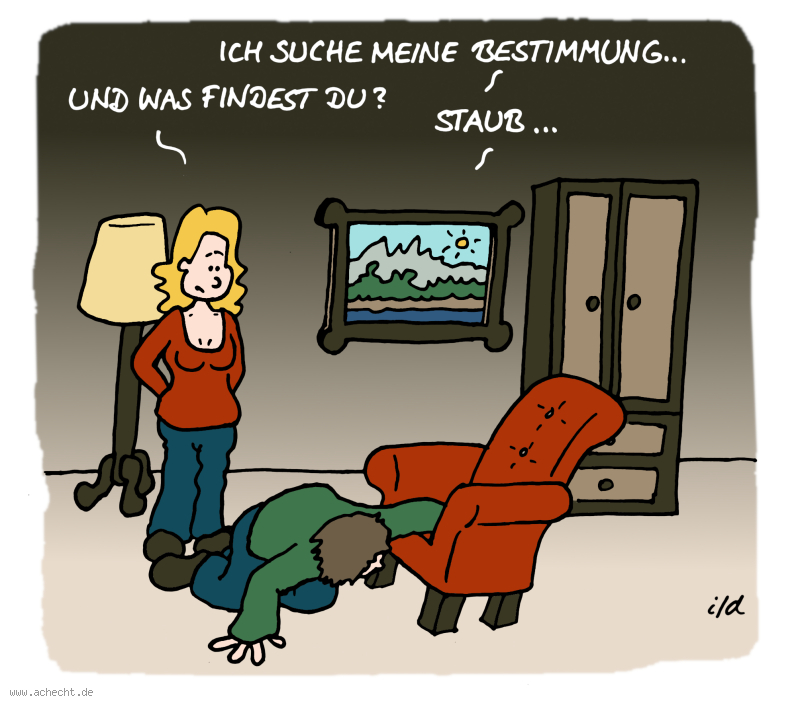 Cartoon: Suche meine Bestimmung: Bestimmung, Suche, Achtsamkeit, Therapie, Psychologie, finden, Fokus, Wahrnehmung, Blockade, roter Faden, Sinn, Selbstreflexion, Reflexion