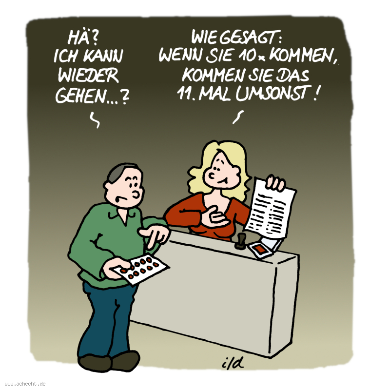 Cartoon: Wieder gehen: Sammeln, Punkte, Bonussystem, Bonus, umsonst, Sinnlosigkeit, Sinn, kommen, gehen, Geschäft, Wirtschaft