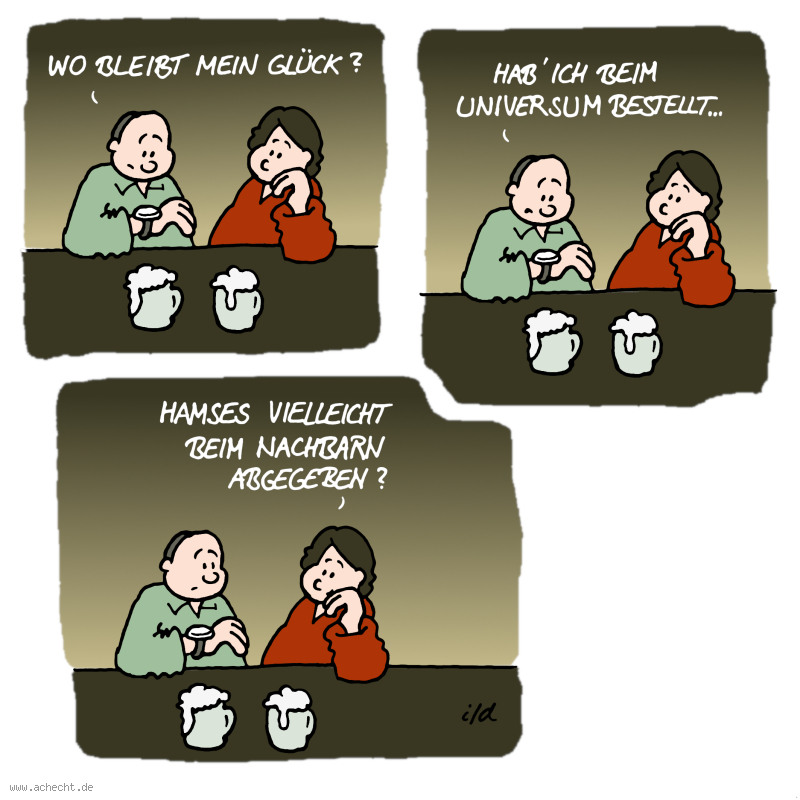 Cartoon: Wo bleibt mein Glück: Glück, positives Denken, Achtsamkeit, Suche, Blockade, Sinn, Universum, Bestellung, Post, Lieferung, Amazon, DHL, Zeit, warten, Psychologie