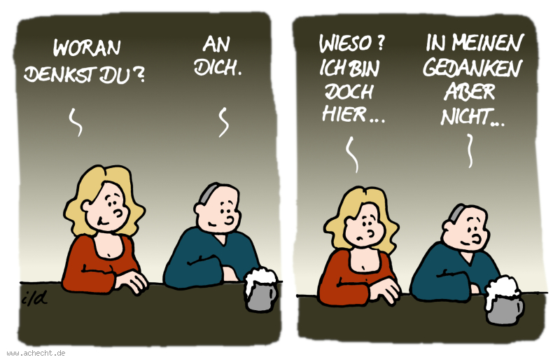 Cartoon: Woran denkst du: Denken, Beziehung, Psychologie, Paar, Mann, Frau, Gedanken, Kopf, Achtsamkeit, Hier, Jetzt