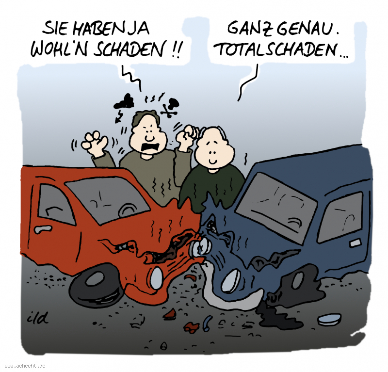 Cartoon: Totalschaden (2023): Auto, Straße, Unfall, Autounfall, Schaden, Totalschaden, Versicherung, Wut, Einsicht, Blechschaden, Scherben, Verkehr, Wagen