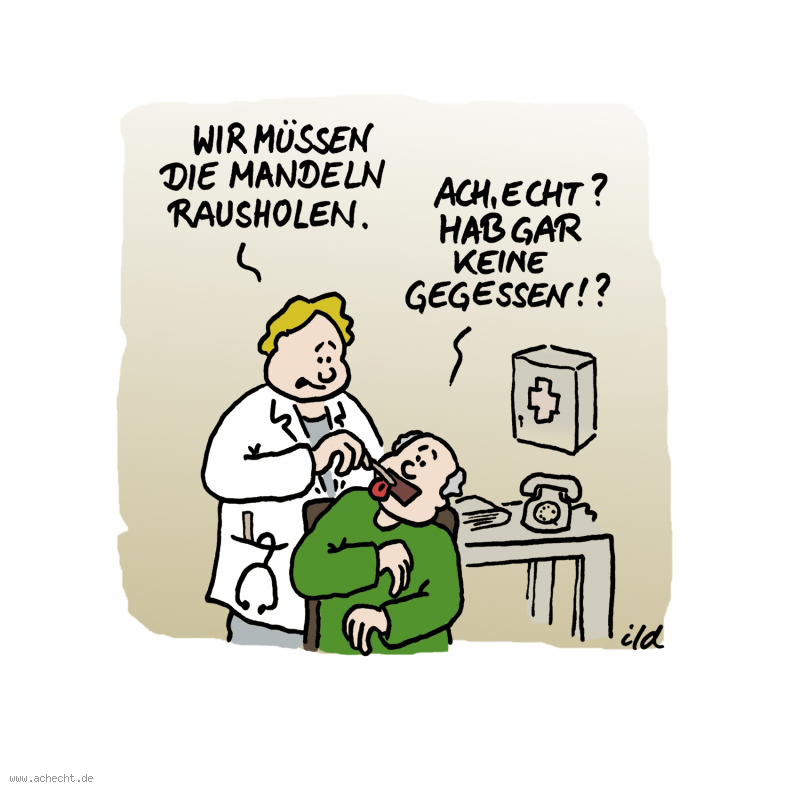 Cartoon: Mandeln raus (2015): Mandeln, Raus, Medizin, Gesundheit, Wissen, Missverständnis, Arzt, Patient, Entzündung, Essen, Operation, Beratung, Untersuchung, Krankheit, Krank, Eiter