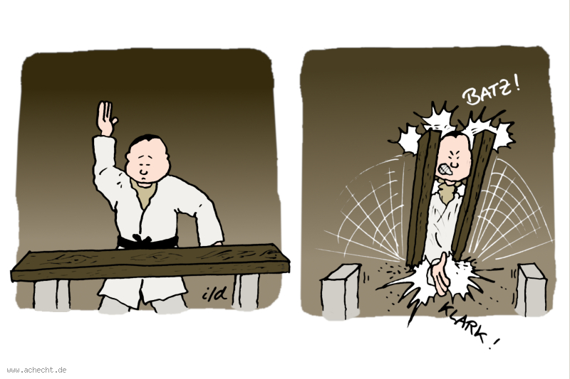 Cartoon: Karate: Karate, Sport, Brett, Zerstörung, Unfall, Aua, Missgeschick, Kampfsport