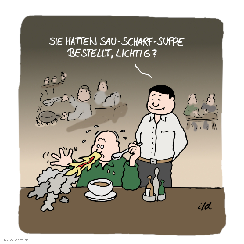 Cartoon: Sau-scharf Suppe: chinesisch, essen, Gastronomie, scharf, Schärfe, Würze, würzig, Feuer, speien, feurig, Restaurant