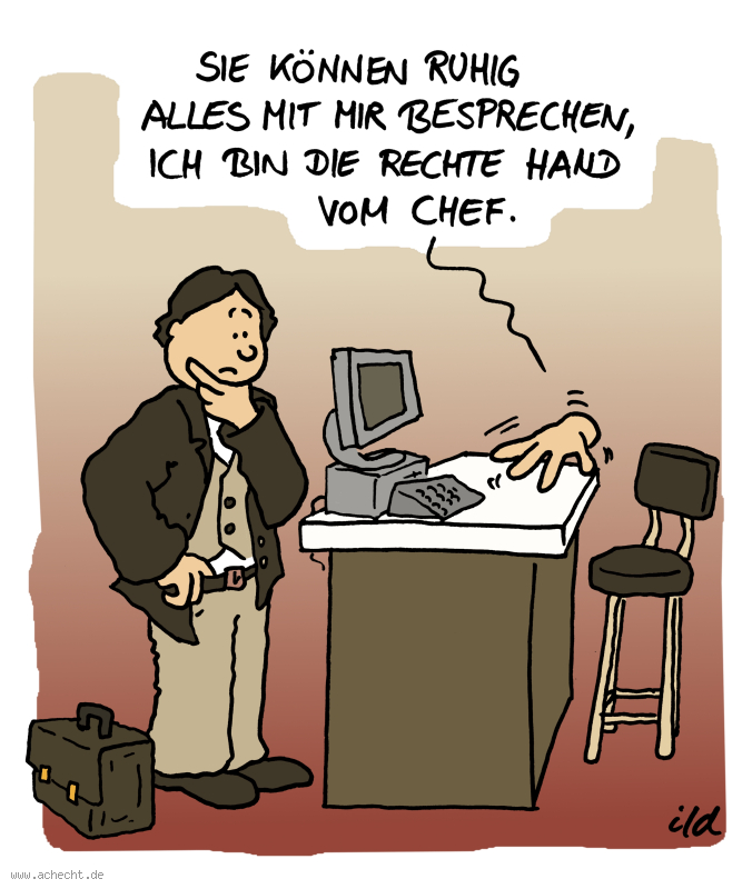Cartoon: Rechte Hand (Remake): Besprechen, Besprechung, Business, Chef, Empfang, Hand, Kunde, Meeting, Mitarbeiter, Vertrauen, Wirtschaft