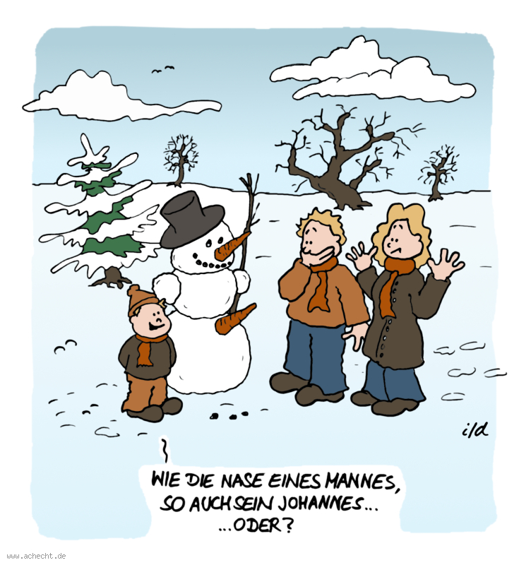 Cartoon: Nase eines Mannes: Körperteil, Mann, Penis, Johannes, Winter, Schnee, Schneemann, Mohrrübe, Karotte, essen, Spiel