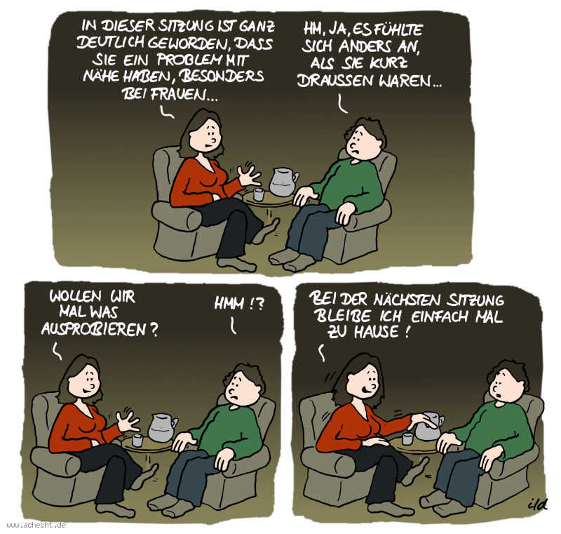 Cartoon: Was ausprobieren (Remake): ausprobieren, Sitzung, Therapie, Therapeut, Psycholgie, Improvisation, Intuition, Zuhause, Frau, Angst, Problem, Frauenhass, Mann, Frau