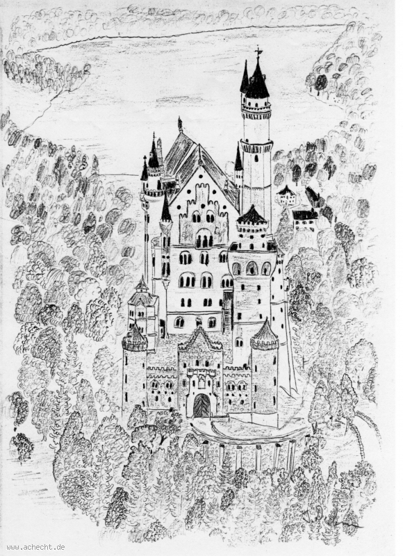 Kunst und so: Schloss Neuschwanstein: Schloss, Neuschwanstein, Zeichnung, Burg, Auftragsarbeit, Ritter, Fantasy