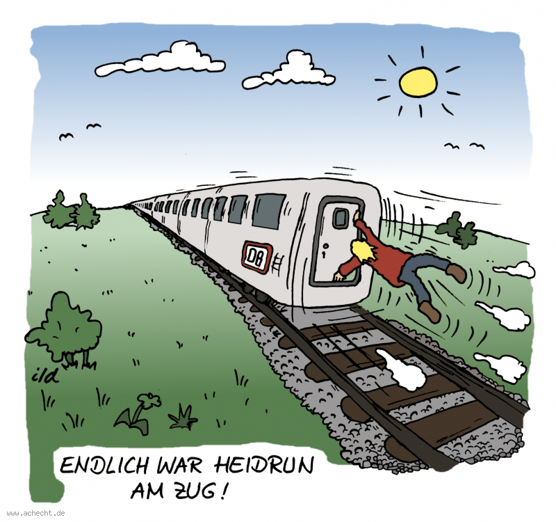 Cartoon: Endlich am Zug - Zug, Mobilität, Bahn, Verkehr, Verkehrsplanung, Straße